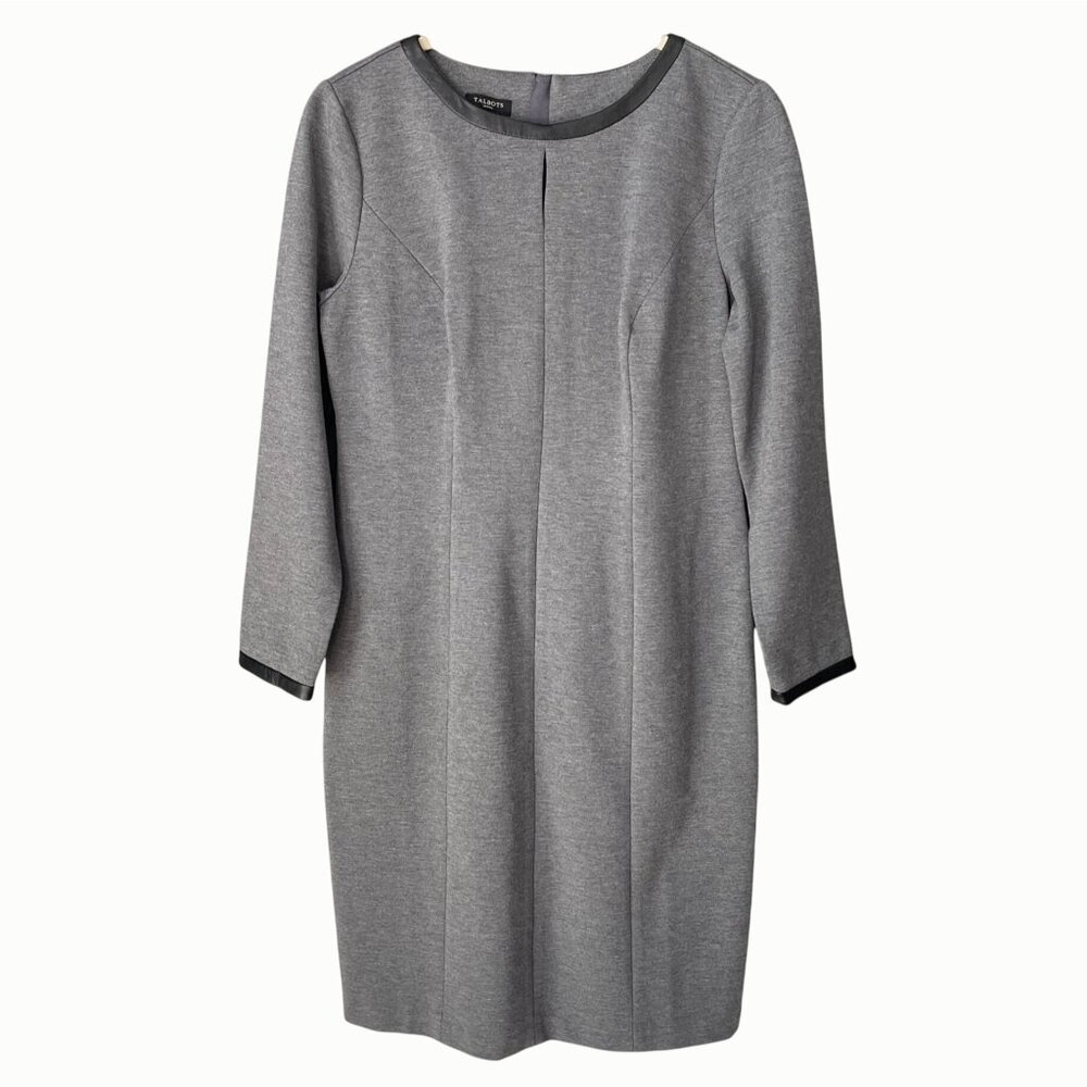 Talbots 4P Gray Long Sleeve Shift Sheath Stretch Knit Round Neck Dress 4 Petite